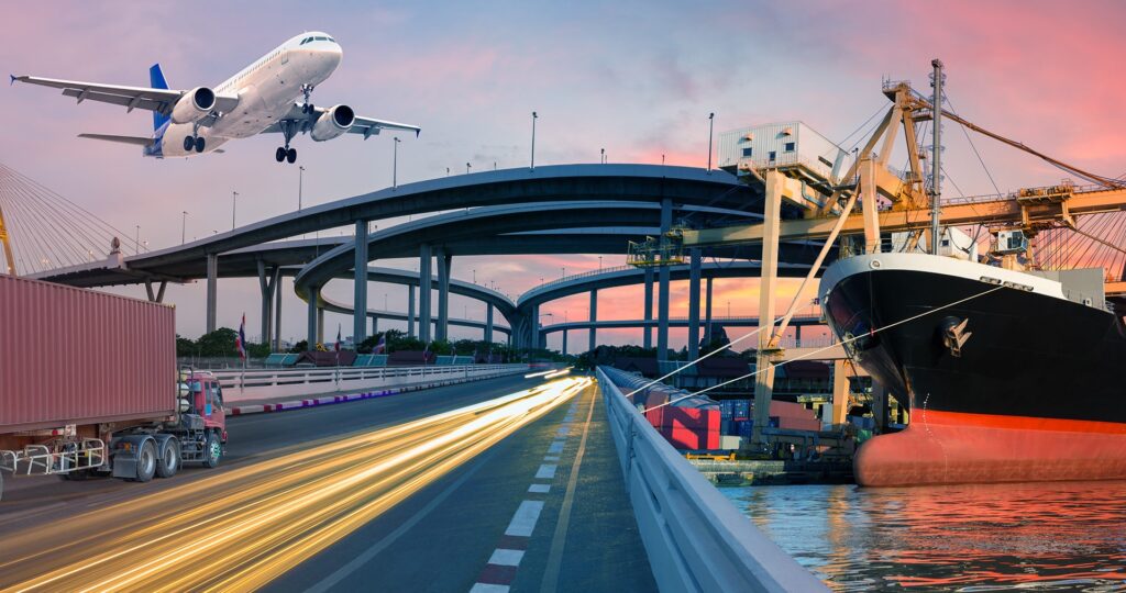 transportwege flugzeug, highway , schiff, autobahn